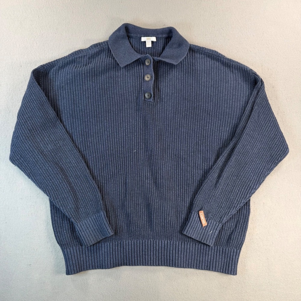 Lunya Good In Bed Navy Blue Chunky Knit Polo Sweater Cotton Silk Mens XS